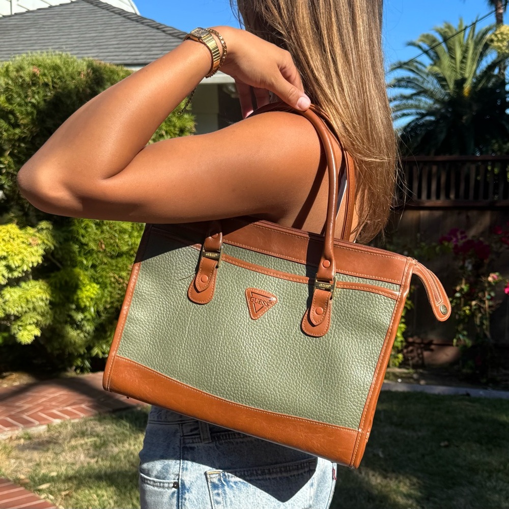Vintage Guess Olive and Brown Leather Tote